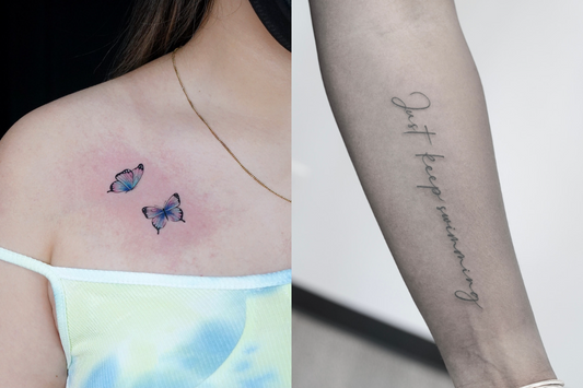 small butterflies tattoo and script tattoo