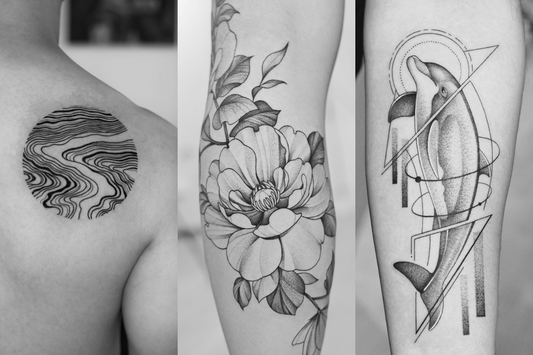 tattoo in fineline style for men. circle. flowers. dolphin geometric