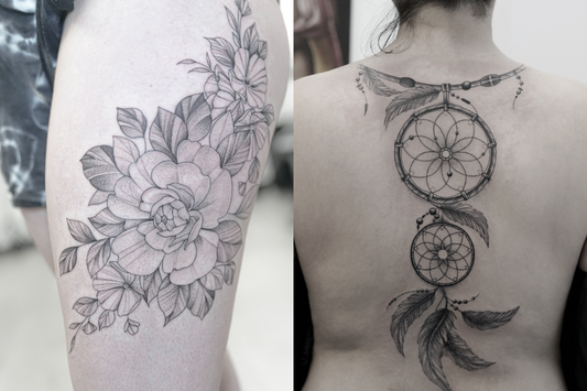 flower tattoo and dreamcatcher tattoo